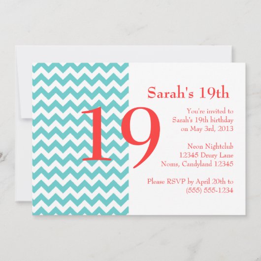 Invitation d'anniversaire Turquoise et Coral Chevr (Devant)