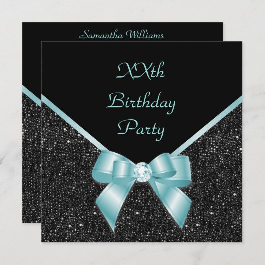 Invitation d'anniversaire Turquoise et noire (Devant / Derrière)