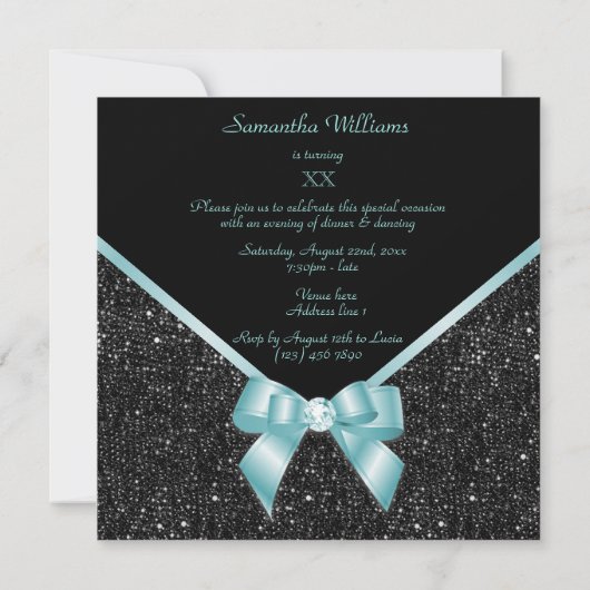 Invitation d'anniversaire Turquoise et noire (Dos)