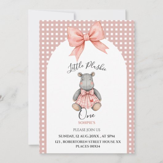Invitation d'anniversaire un an peluche rose (Devant)
