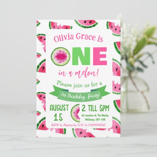 Invitation d'anniversaire UN dans un melon, pastèq (Debout devant)