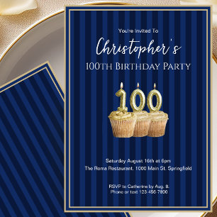 Invitation d'anniversaire Unique Bleu Or 100 ans p