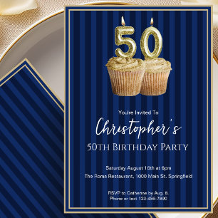 Invitation d'anniversaire unique Bleu Or 50 ans po