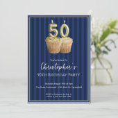 Invitation d'anniversaire unique Bleu Or 50 ans po (Debout devant)