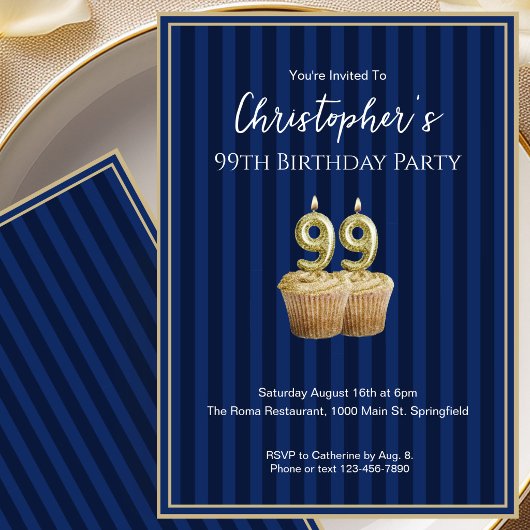 Invitation d'anniversaire unique Bleu Or 99e pour 