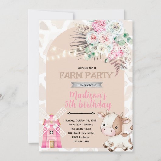 Invitation d'anniversaire vache boho (Devant)