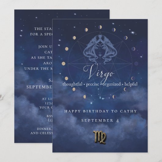 Invitation d'anniversaire Vierge Zodiaque (Devant / Derrière)