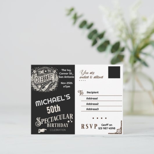 Invitation d'anniversaire vintage noir et blanc (Debout devant)
