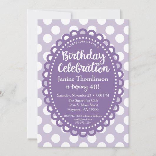 Invitation d'anniversaire violet blanc Pois adulte (Devant)