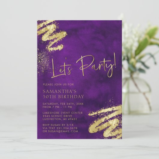 Invitation d'anniversaire violet et or (Debout devant)