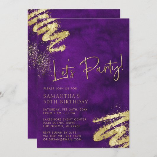 Invitation d'anniversaire violet et or (Devant / Derrière)