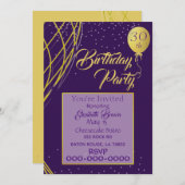 Invitation d'anniversaire violet et or (Devant / Derrière)