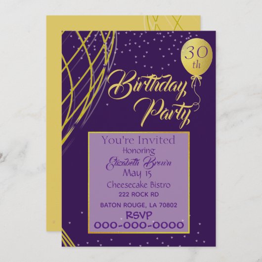 Invitation d'anniversaire violet et or (Devant / Derrière)