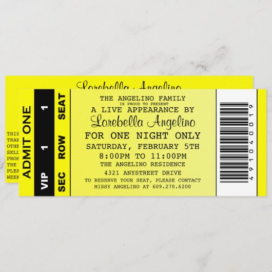 Invitation d'anniversaire VIP (Jaune) (Devant / Derrière)