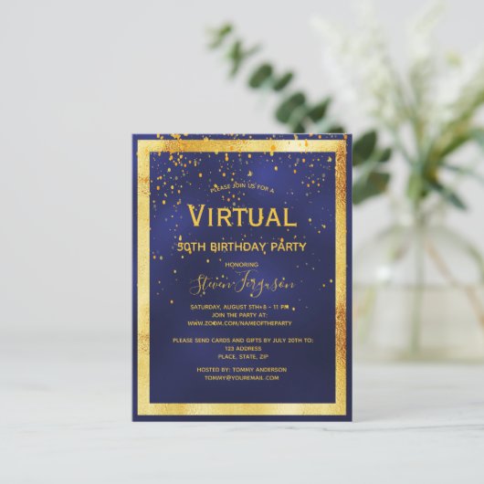 Invitation d'anniversaire virtuel bleu or (Debout devant)