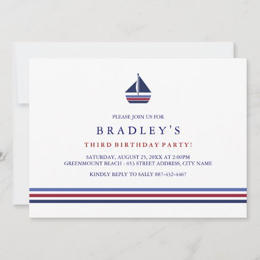 Invitation d'anniversaire voilier bleu et rouge (Devant)