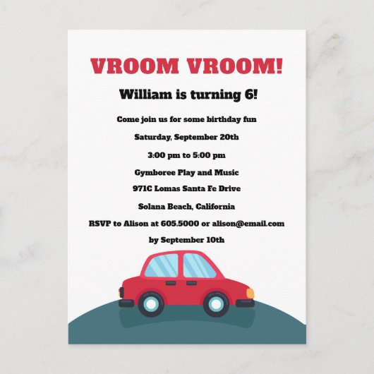 Invitation d'anniversaire Vroom Vroom Cars (Devant)