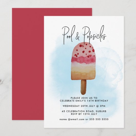 Invitation d'anniversaire Watercolor Summer Pool & (Devant / Derrière)