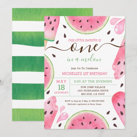 Invitation d'anniversaire Watermelon One In A Melo (Devant / Derrière)