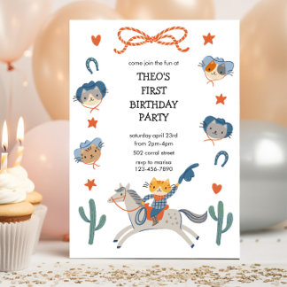 Invitation d'anniversaire western Cowboy Kitties