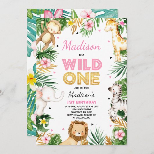 Invitation d'anniversaire Wild One Safari Animaux (Devant / Derrière)