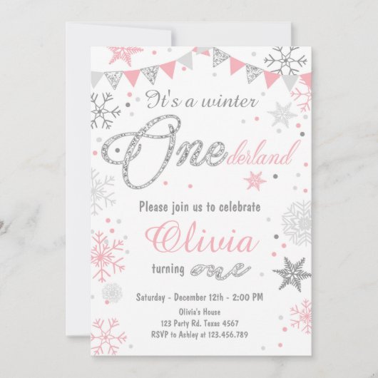 Invitation d'anniversaire Winter Onederland Argent (Devant)