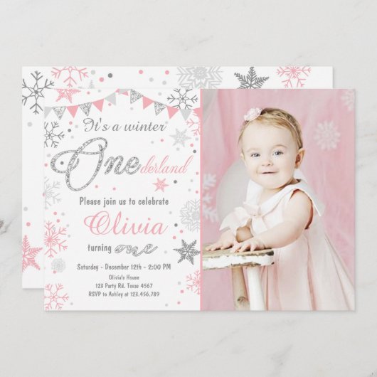 Invitation d'anniversaire Winter Onederland Argent (Devant / Derrière)