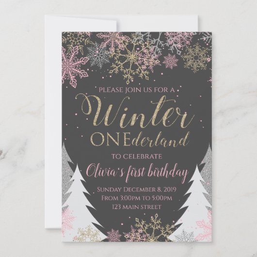 Invitation d'anniversaire Winter ONEderland Rose (Devant)