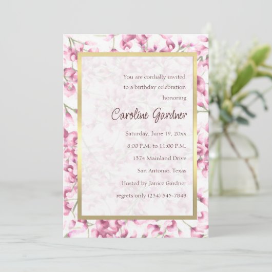 Invitation d'anniversaire Wisteria rose (Debout devant)