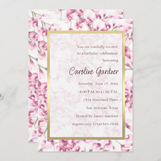 Invitation d'anniversaire Wisteria rose (Devant / Derrière)