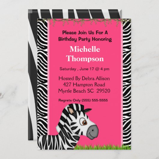 Invitation d'anniversaire Zebra (Devant / Derrière)