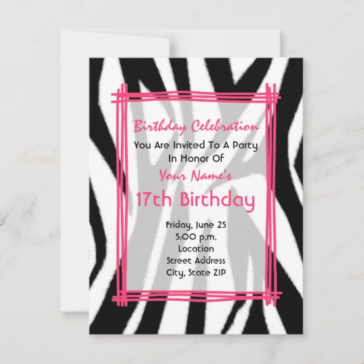 Invitation D'Anniversaire Zebra Print Et Hot Pink (Devant)