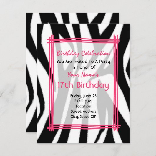 Invitation D'Anniversaire Zebra Print Et Hot Pink (Devant / Derrière)