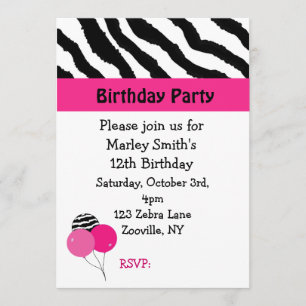 Invitation d'anniversaire Zèbre Noir et Rose
