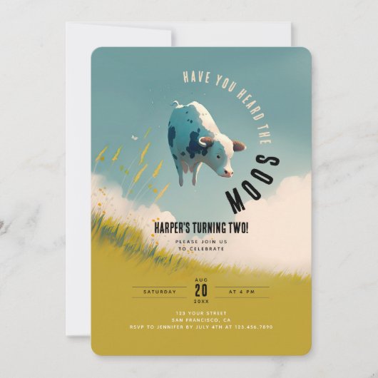 Invitation "Dans les nuages" Parti à thème vaches (Devant)