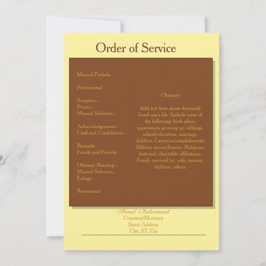 Invitation Dans l'invitation funèbre/programme de mémoire (Dos)