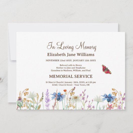 Invitation Dans Love Mémoire Funeral Fleur sauvage &Butterfly (Devant)