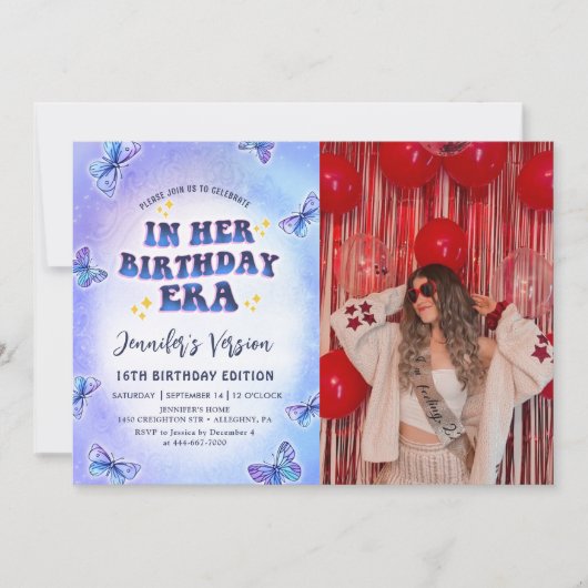 Invitation Dans son âge d'anniversaire papillon photo d'anniv (Devant)