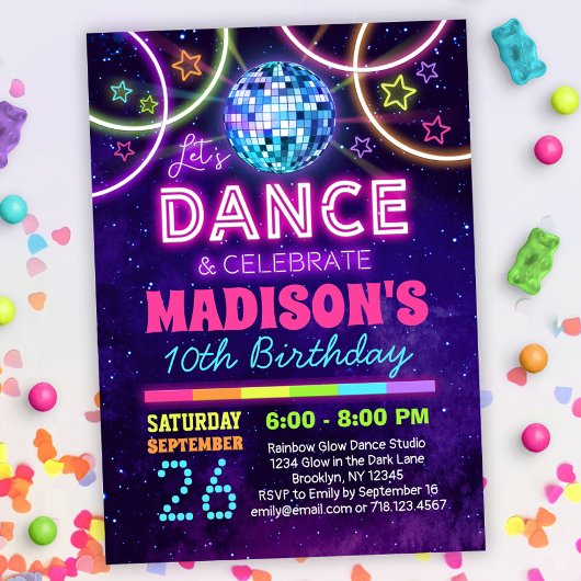 Invitation Danse Anniversaire Filles Neon Disco Dance Party