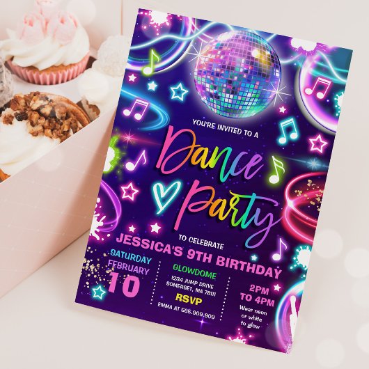 Invitation Danse Anniversaire Soirée Neon Glow Dance Disco
