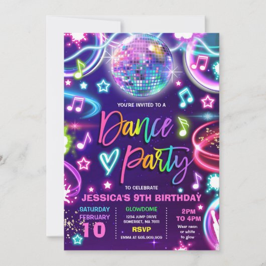 Invitation Danse Anniversaire Soirée Neon Glow Dance Disco (Devant)