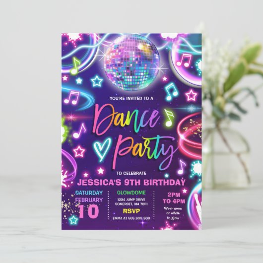 Invitation Danse Anniversaire Soirée Neon Glow Dance Disco (Debout devant)