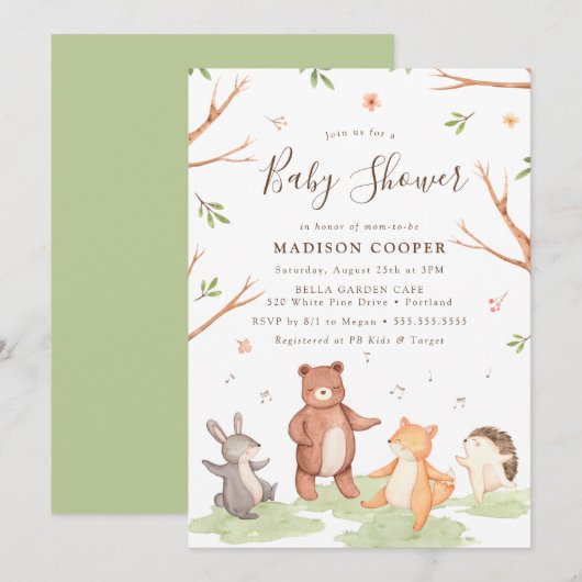 Invitation Danse Baby shower des animaux de bois (Devant / Derrière)