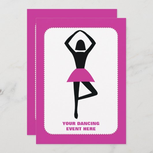 Invitation Danse ballerine noir, couleur rose chaud (Devant / Derrière)