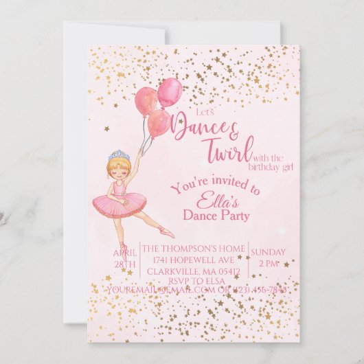 Invitation Danse de ballerine rose aquarelle anniversaire (Devant)