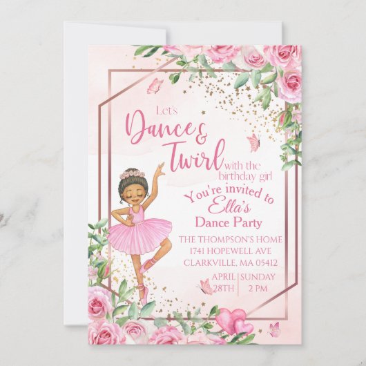 Invitation Danse de ballerine rose aquarelle anniversaire  (Devant)