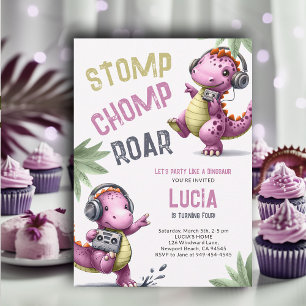 Invitation Danse Dinosaure Rose Stomp Chomp Roar Girl Anniver