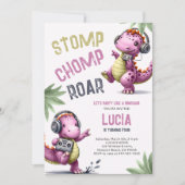 Invitation Danse Dinosaure Rose Stomp Chomp Roar Girl Anniver (Devant)
