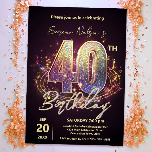Invitation Danse Disco Étincelante Fête du 40e anniversaire