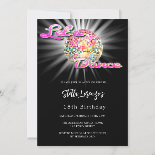 Invitation Danse disco fête rose noir (Devant)